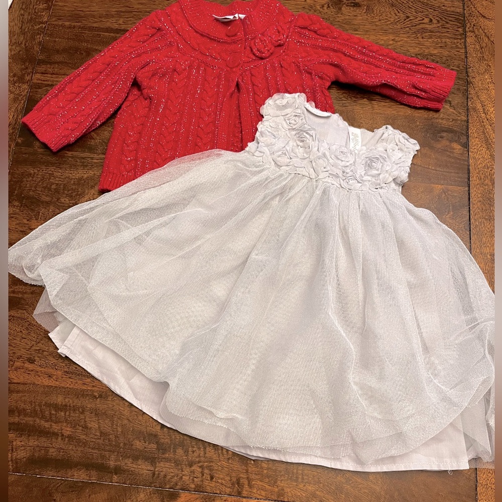 Silver Formal Dress with Red Cardigan